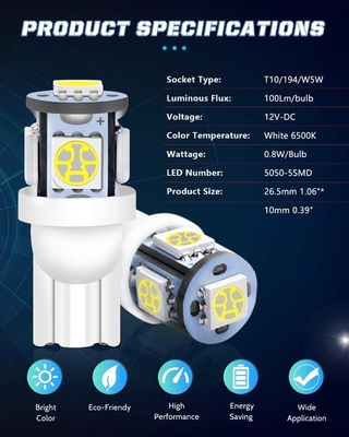 194 자동차 LED 라이트 전구 6500K는 T10 SMD 5050 칩을 억지로 밀어넣습니다