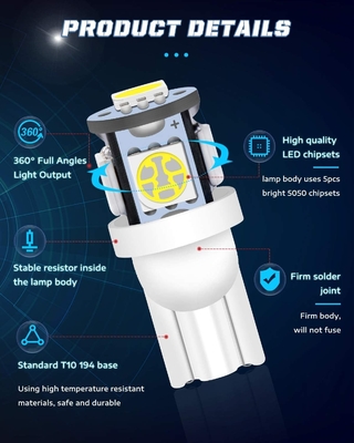 194 자동차 LED 라이트 전구 6500K는 T10 SMD 5050 칩을 억지로 밀어넣습니다