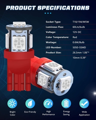 194 자동차 LED 라이트 전구 6500K는 T10 SMD 5050 칩을 억지로 밀어넣습니다