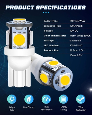 194 자동차 LED 라이트 전구 6500K는 T10 SMD 5050 칩을 억지로 밀어넣습니다