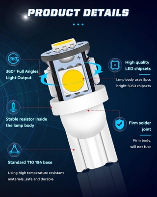 194 자동차 LED 라이트 전구 6500K는 T10 SMD 5050 칩을 억지로 밀어넣습니다